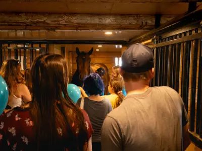 People in a barn looking at a horse 